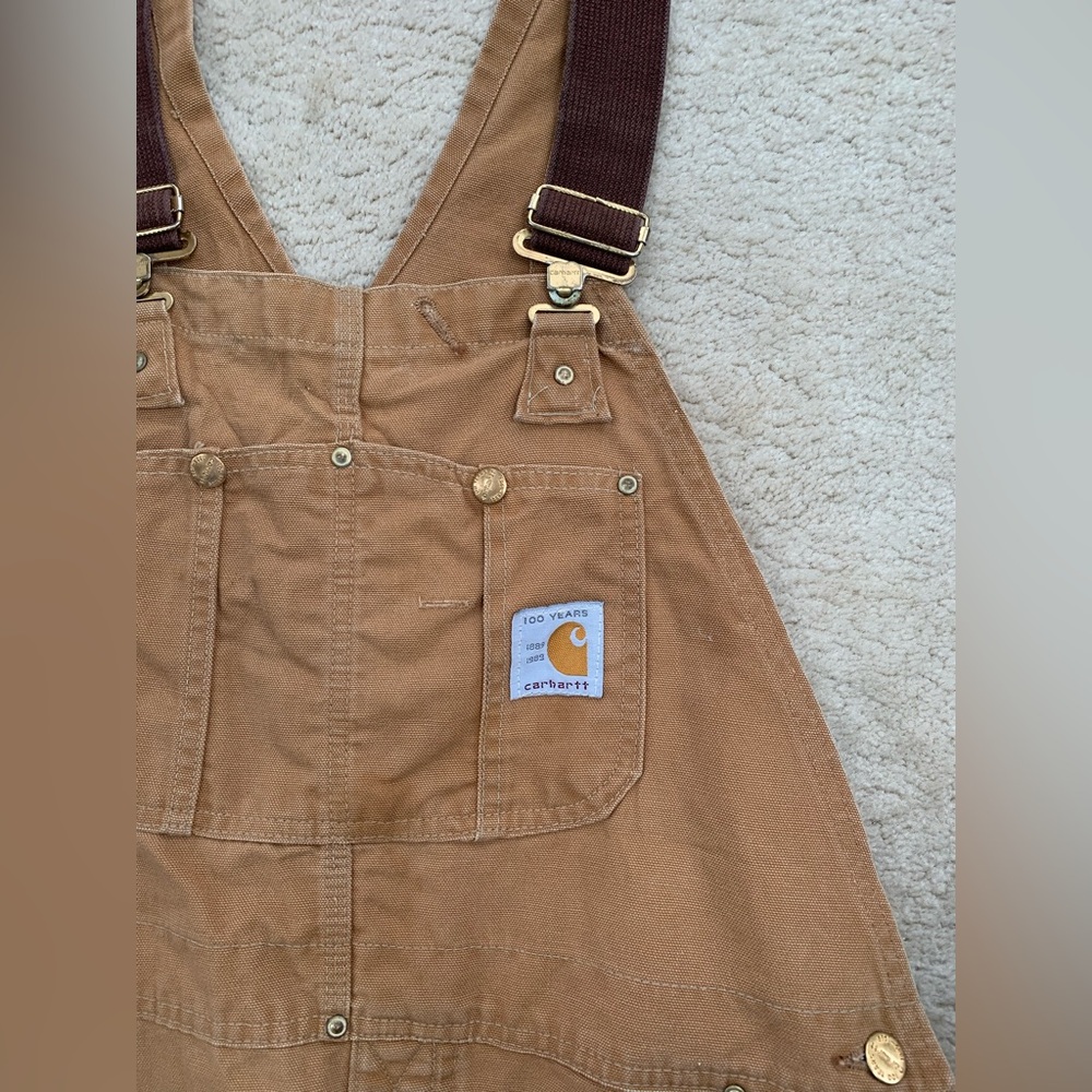 Vintage Carhartt 38x30 Double Knee Overalls Tan Duck Canvas USA Union Made 6FB - Picture 6 of 14